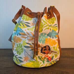 Disney Moana Canvas Bucket Bag Purse 12″ Tall Tropical Print Brown Trim NWT